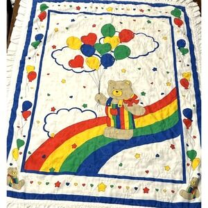 Vintage 90s Bear Heart Balloons Rainbow Country Cotton Blend Baby Blanket Ruffle
